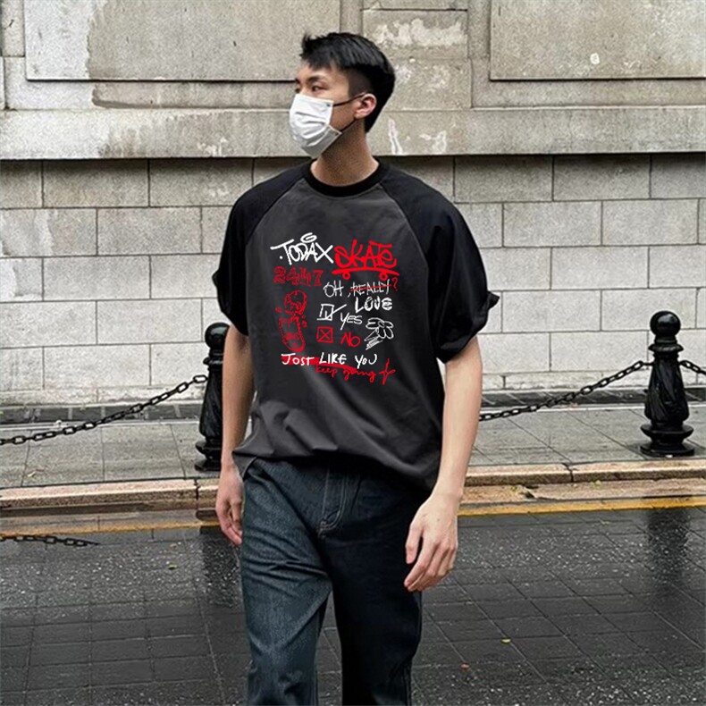 抖音得物高品质二开240克宽松纯棉美式潮牌插肩袖拼接短袖T恤,男装T恤,电商A486