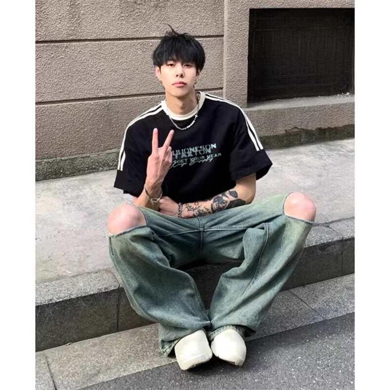 夏季美式高街重磅纯棉三条杠织带撞色男女短袖T恤ZD618-特P30,男装T恤,电商A486-1