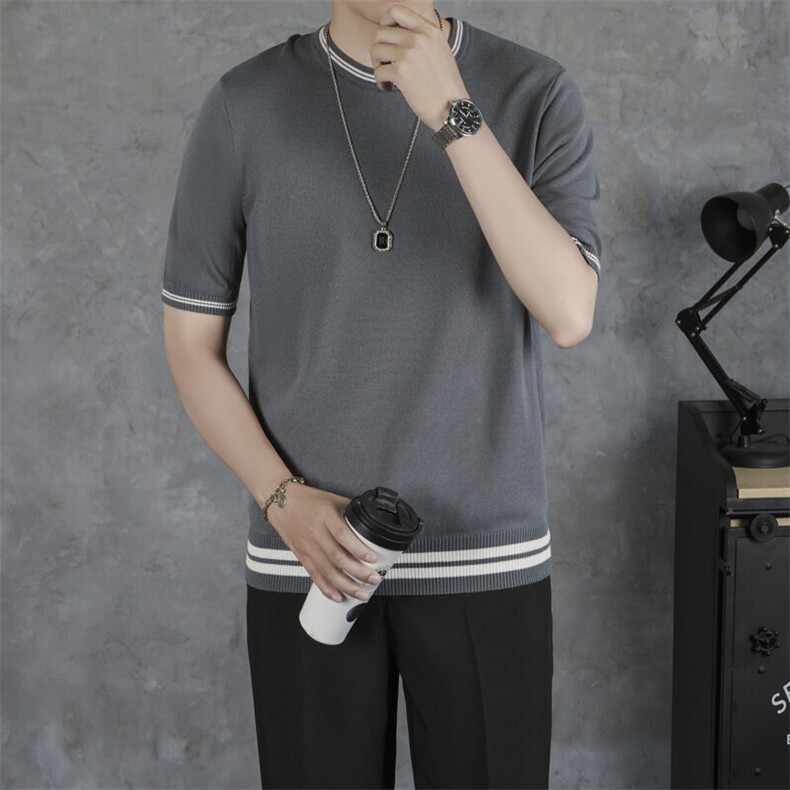 夏季男士冰丝短袖T恤青年条纹边圆领薄款针织半袖体恤打底TM22，男装T恤，星座1116A-2（原606A-1）