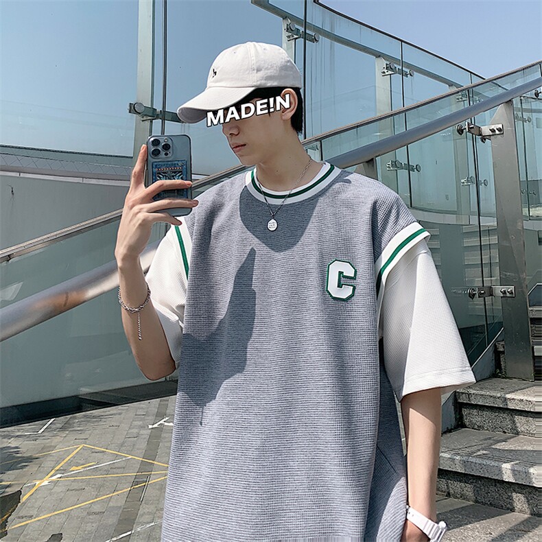 2025夏季华夫格套装男青少年T恤短裤两件套港风TZ227-P55,男装牛仔裤,电商A062