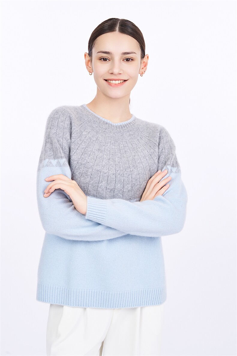 100山羊绒拼色麻花套头圆领毛衣女秋冬宽松针织衫保暖长袖上衣,女装羊绒衫,星纬羊绒