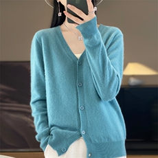 2024夏秋新款女V领长袖短款针织开衫舒适休闲，女装针织衫/毛衣，暖娇绒包芯纱店