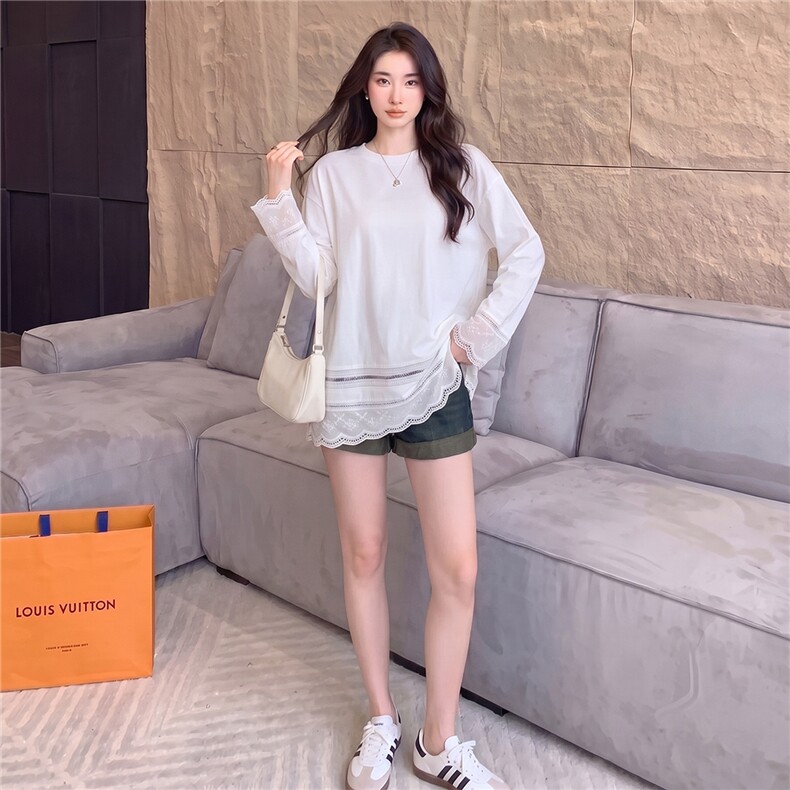 高级感时尚潮流套装女夏季款宽松圆领镂空花边上衣牛仔短裤两件套,女装套装/套裙,江南
