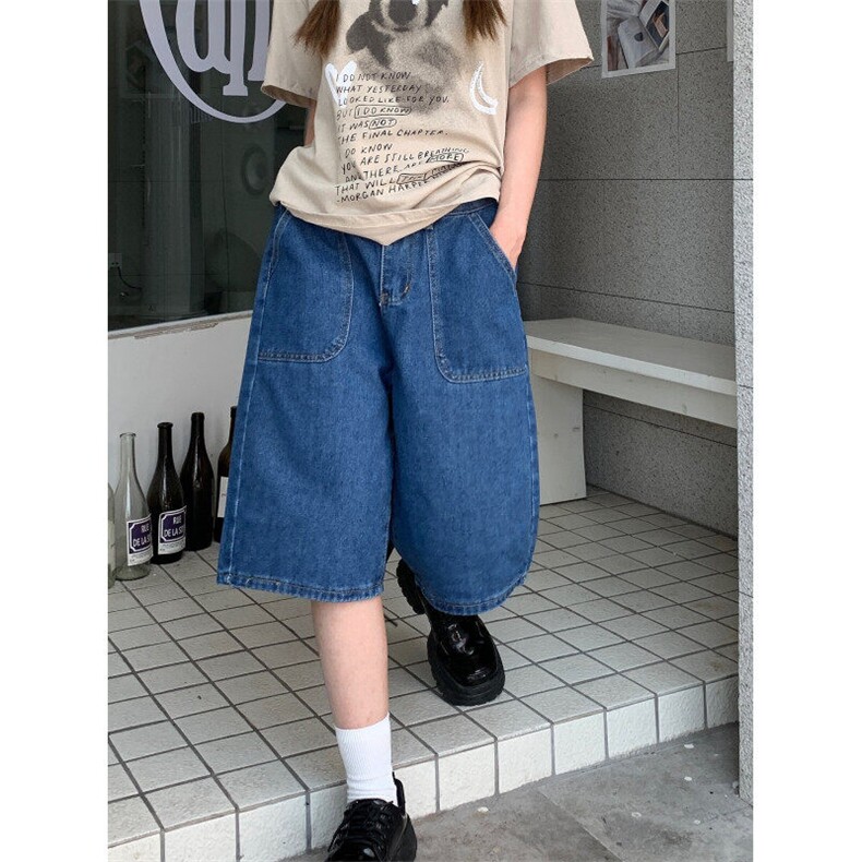 7140-P30 夏季纯色大口袋宽松显瘦直筒阔腿裤五分牛仔短裤女图片