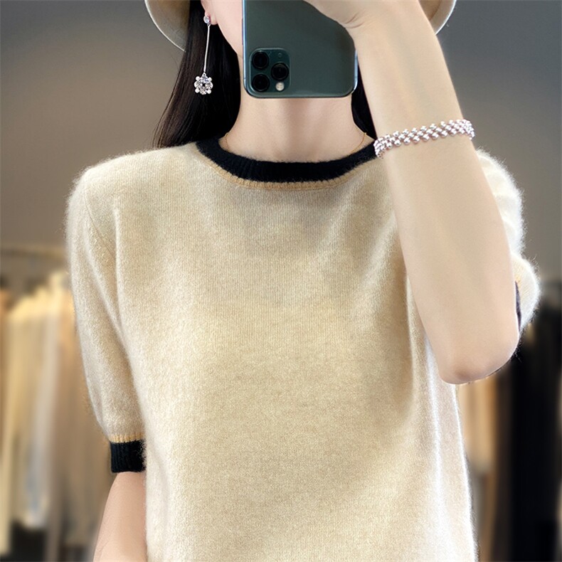 春秋新羊毛衫女圆领短袖拼色半袖宽松五分袖针织打底衫百搭，女装羊毛衫，朝辰羊绒