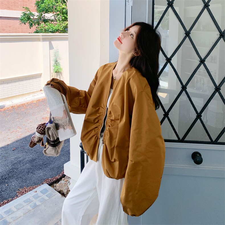 韩版休闲南瓜色褶皱短外套女春秋2025新款小个子夹克上衣流行爆款,女装短外套,2D143