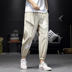 沙发日系棉麻九分裤男夏哈伦裤束脚裤9分裤QT6025-K205-P45 卡其图片