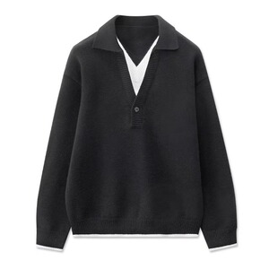 假两件羊毛针织衫翻领毛衣男秋冬季POLO衫双V领毛线衣服20图片
