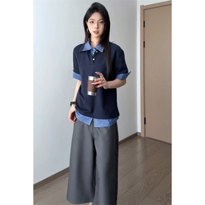 BK911LL-特P35假两件格纹拼接POLO衫男女夏季短袖T恤图片