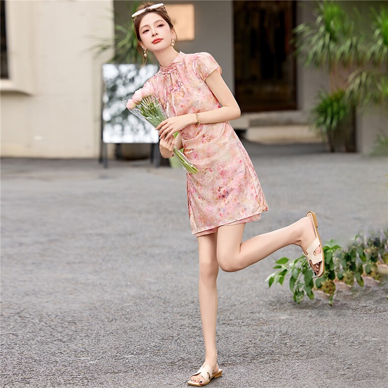 新中式盘扣提花晕染旗袍裙短裤两件套,女装套装/套裙,采品优优