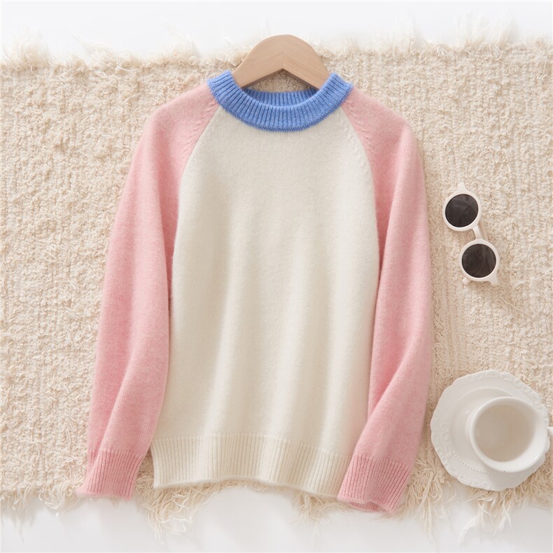 时尚百搭休闲7针拼色插肩男女同款，童装儿童羊绒衫，跳跳羊儿童羊绒衫