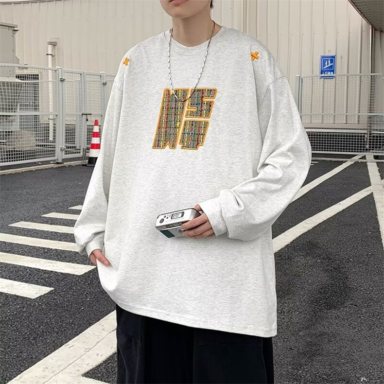 刺绣长袖t恤男秋季潮牌宽松圆领百搭打底衫卫衣1001-1-6124-P40,男装T恤,星座1001-1