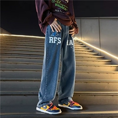 潮美式高街头嘻哈刺绣字母牛仔裤男女潮宽松直筒拖地NT295P40，男装牛仔裤，星座1116-2
