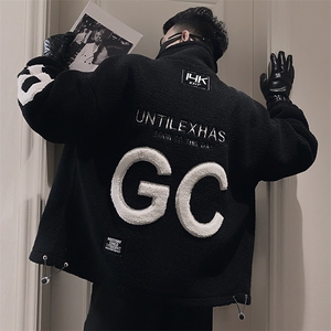 A31/特P138控178冬季仿羊羔毛绒刺绣字母GC棉衣外套男黑首1,短黑风衣内搭怎么搭配图片