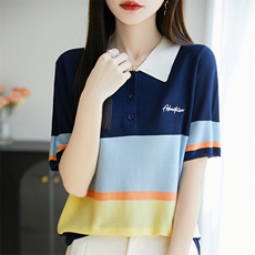 Polo领彩虹拼色时尚短袖女宽松莱赛尔新款t恤夏季减龄气质薄T背心，女装T恤，尚雪电商供货