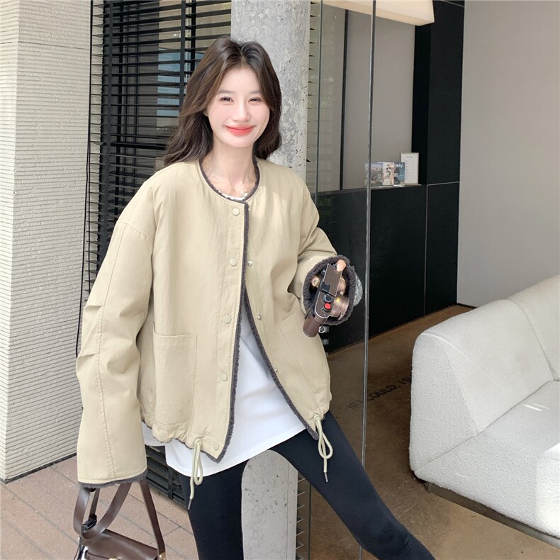 卡其色小香风撞色拼接皮毛一体羊羔毛外套女秋冬2025新款加厚棉服,女装毛呢外套,2C198