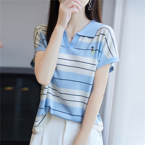 2025夏新款撞色条纹polo领针织冰丝小飞袖上衣女洋气短袖t恤小衫图片