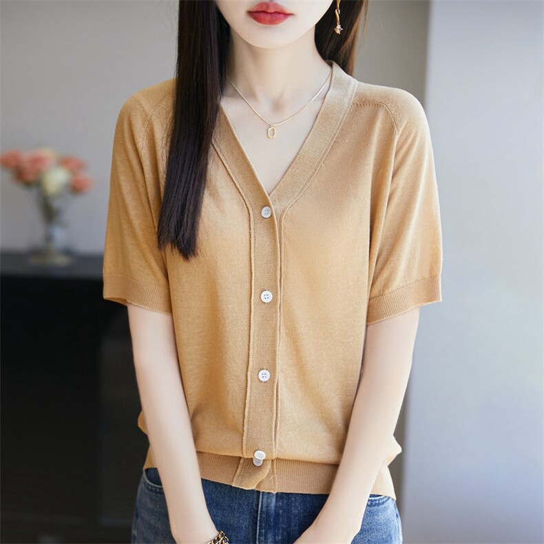 25夏季V领短袖针织开衫女天丝亚麻上衣宽松半袖T恤衫百搭背心打底图片