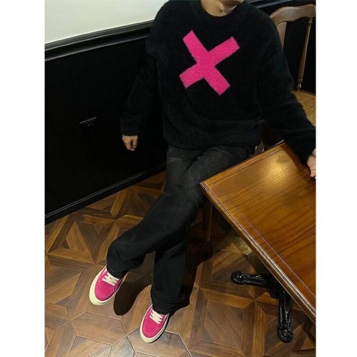 美式潮牌字母X撞色仿貂绒毛衣男女青年秋冬季宽松休闲针织衫百搭,男装针织衫/毛衣,星座1210-1