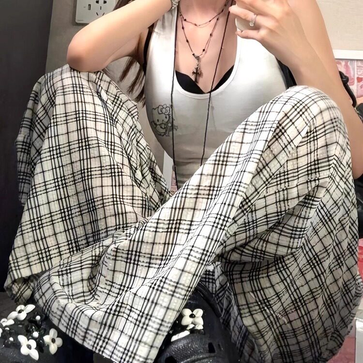 【现货】2025新款格子休闲裤女夏季薄宽松显瘦百搭直筒拖地长裤韩,男装休闲裤,星座506A