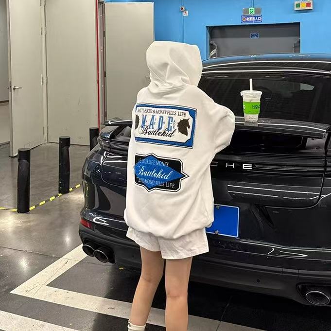MEDM复古排版毛巾绣拉链连帽卫衣男美式街头休闲外套春秋帽衫图片