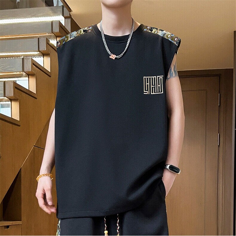 菠萝格刺绣背心男夏季无袖T恤上衣潮男士体恤拼接A266-BX022-P18,男装T恤,电商A266