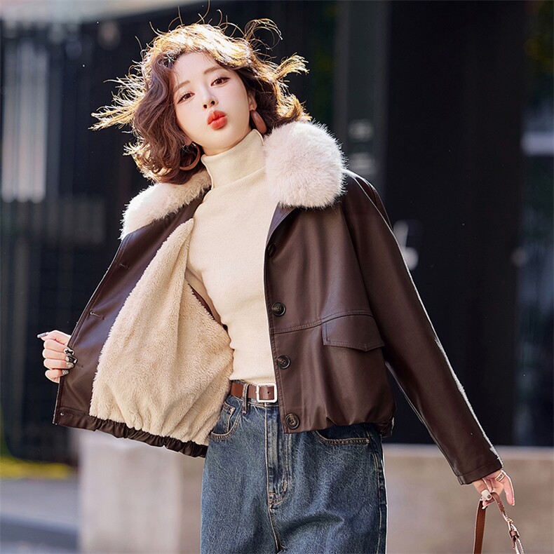 加绒短款皮衣外套女2024冬季新款欧货加厚时尚宽松减龄绵羊皮皮衣,女装皮衣,简古