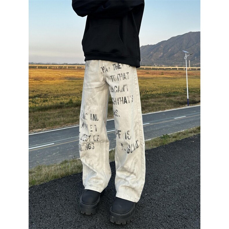 字母涂鸦牛仔裤男高级感直筒裤痞帅潮流宽松阔腿男裤休闲裤子图片
