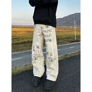 字母涂鸦牛仔裤男高级感直筒裤痞帅潮流宽松阔腿男裤休闲裤子图片