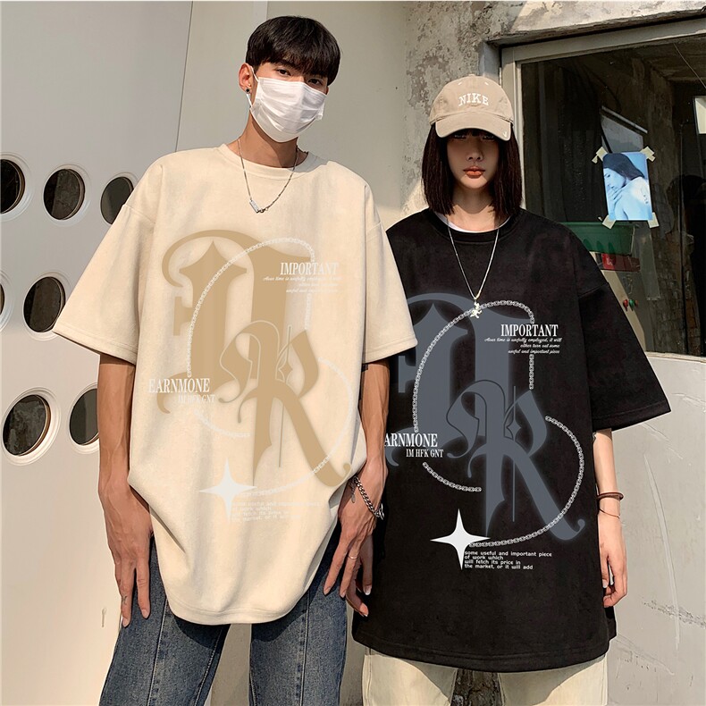 情侣装2026夏季新款美式高街印花麂皮绒宽松短袖T恤半袖D276P38,男装T恤,电商A335-1（原A458）