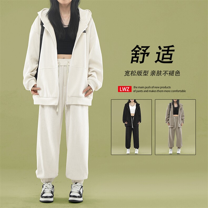 休闲百搭秋季连帽外套垂感慵懒潮流宽松两件套TZ851-特批-123图片