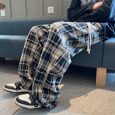 美式复古格子裤子男女春秋直筒高街潮牌垂感阔腿休闲长裤~A1923，男装休闲裤，星座601-2