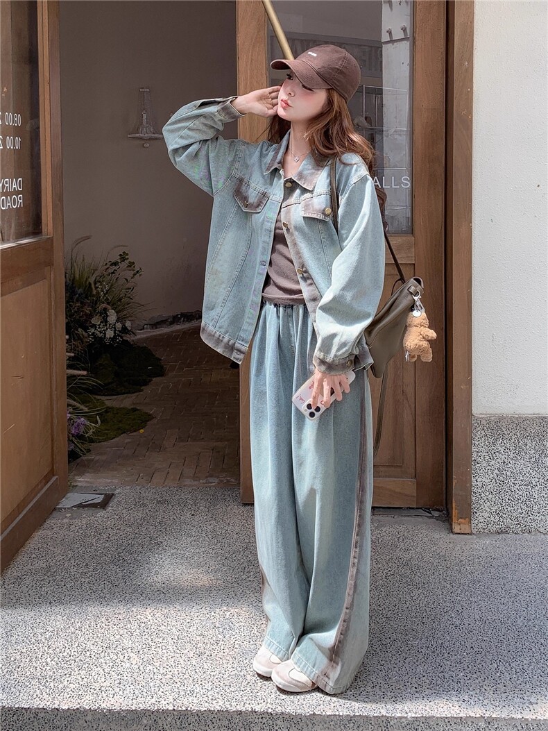 2025流行穿搭一整套休闲套装渐变牛仔外阔腿裤两件套女秋图片