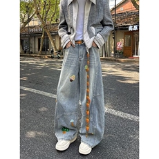 刺绣设计感卡通牛仔裤男女2025秋季情侣款宽松直筒休闲裤-A7099，男装牛仔裤，星座601-1