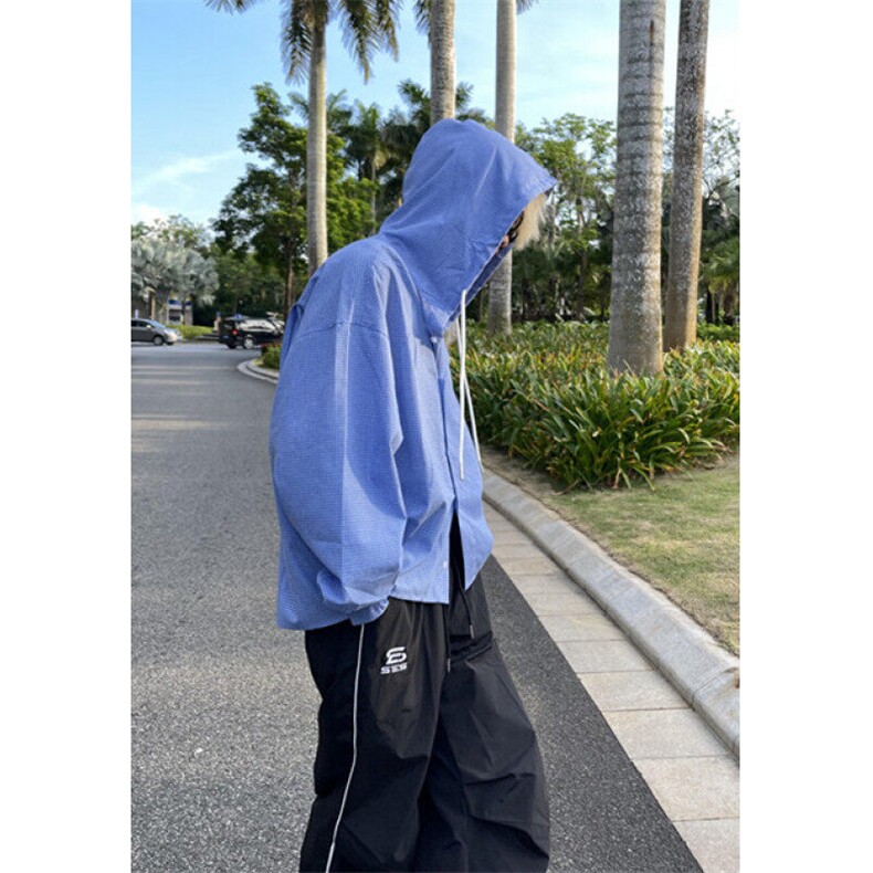 蓝色连帽格子衬衫男款长袖高级感宽松慵懒衬衣春秋外套C2229,男装衬衫,星座1116A（原606A-3）
