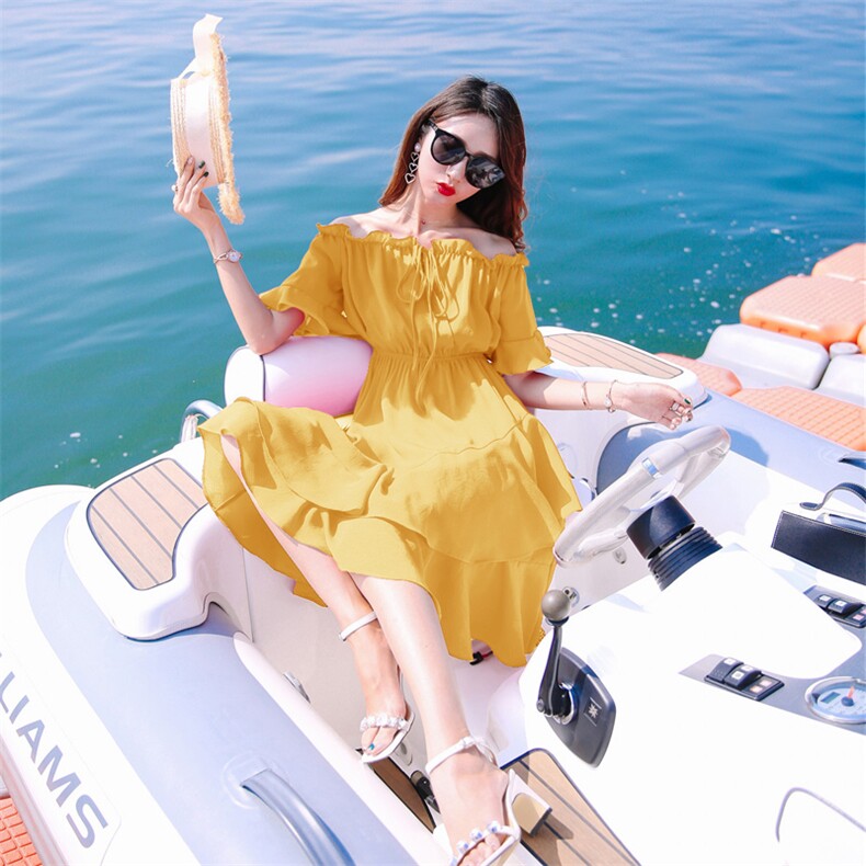 沙滩裙女夏海边度假超仙小个子海岛高级感一字领连衣裙图片