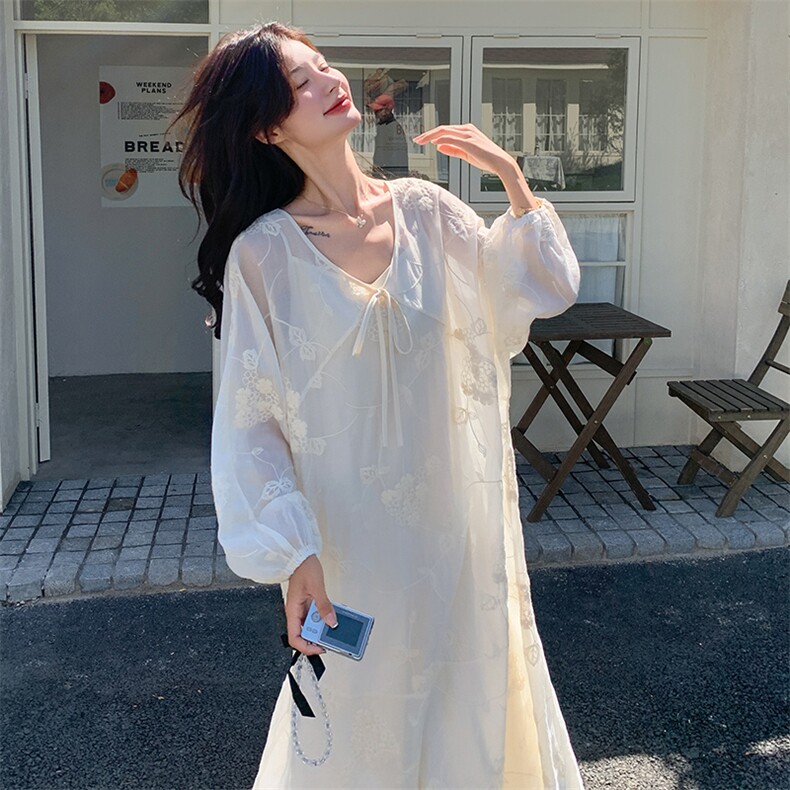 度假风白色蕾丝连衣裙套装女春秋2025新款吊带裙甜美法式优雅长裙,女装连衣裙,纯色衣恋
