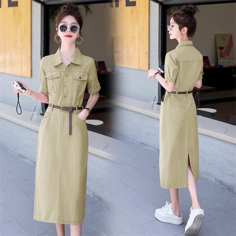 法式高端精致牛仔连衣裙2025夏季新款收腰显瘦高级感休闲粉色长裙，女装连衣裙，意芙