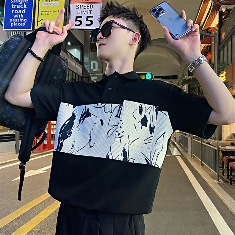 AT113/P58控89夏季社会小伙百搭撞色痞帅高级感短袖T恤男黑首,男装T恤,星座305B-1