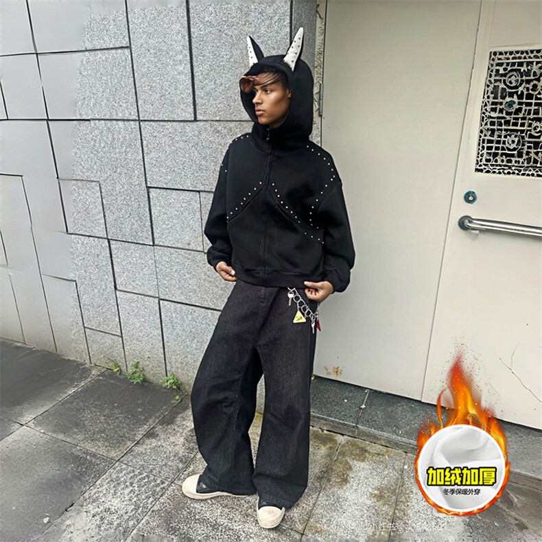 480G重磅加绒硬挺boxy男女美式高街卫衣铆钉杜宾犬耳朵开衫厚外套,女装短外套,电商A486
