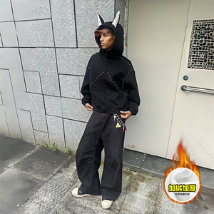 480G重磅加绒硬挺boxy男女美式高街卫衣铆钉杜宾犬耳朵开衫厚外套图片