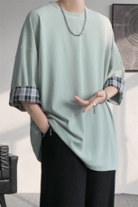现货A059-7822-P38控58夏季高品质冰丝短拼色宽松大码T恤短袖，男装T恤，电商A059
