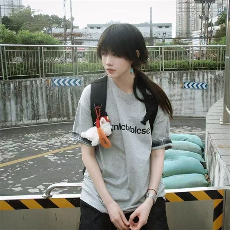 美式复古潮牌t恤女夏季格纹拼接灰色圆领短袖宽松情侣休闲上衣潮,男装T恤,星座506A
