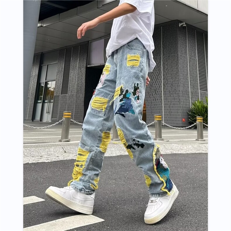 美式街头hiphop补丁刺绣破洞牛仔裤男小众设计感长裤RK607-P83,男装牛仔裤,星座412-3