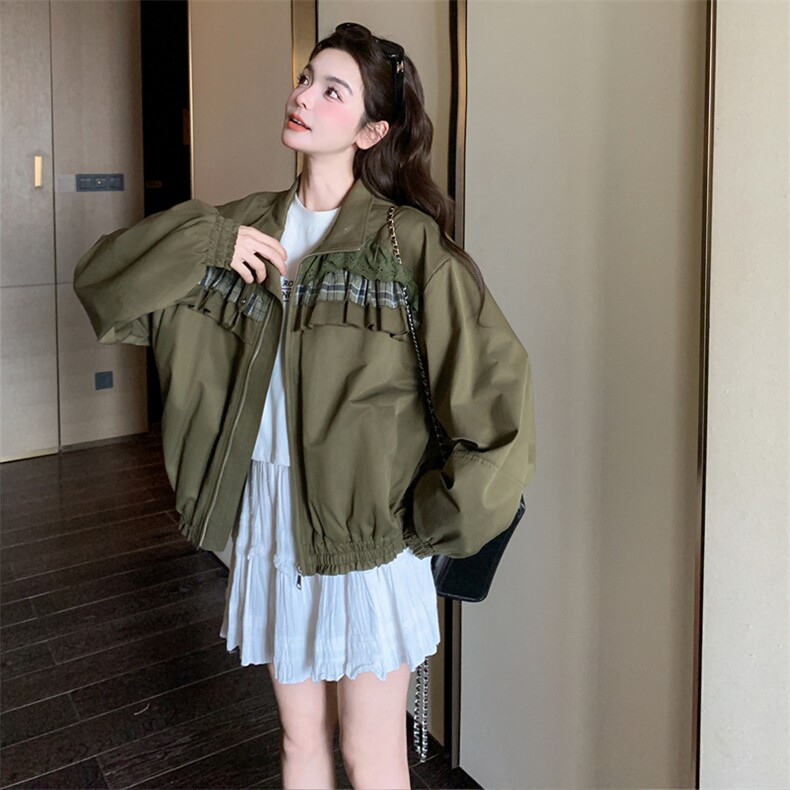 新品蕾丝格纹拼接绿色短外套2C158-6036-P150-K248,女装短外套,2C158