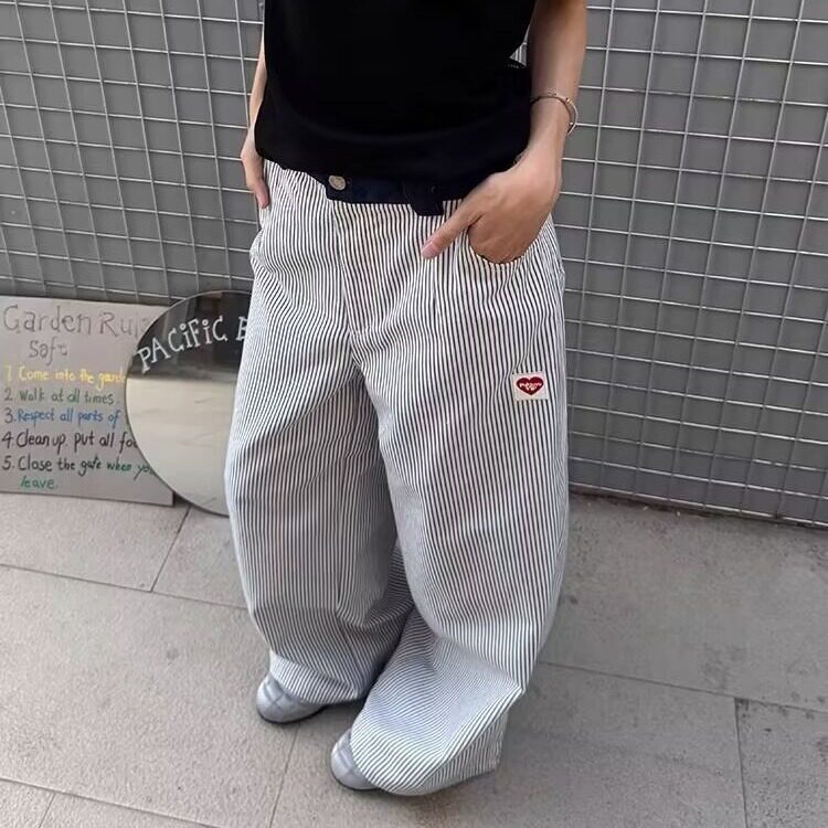 刺绣条纹裤子男2025春季新款日系复古高级感潮牌宽松直筒休闲长裤,男装休闲裤,星座506A