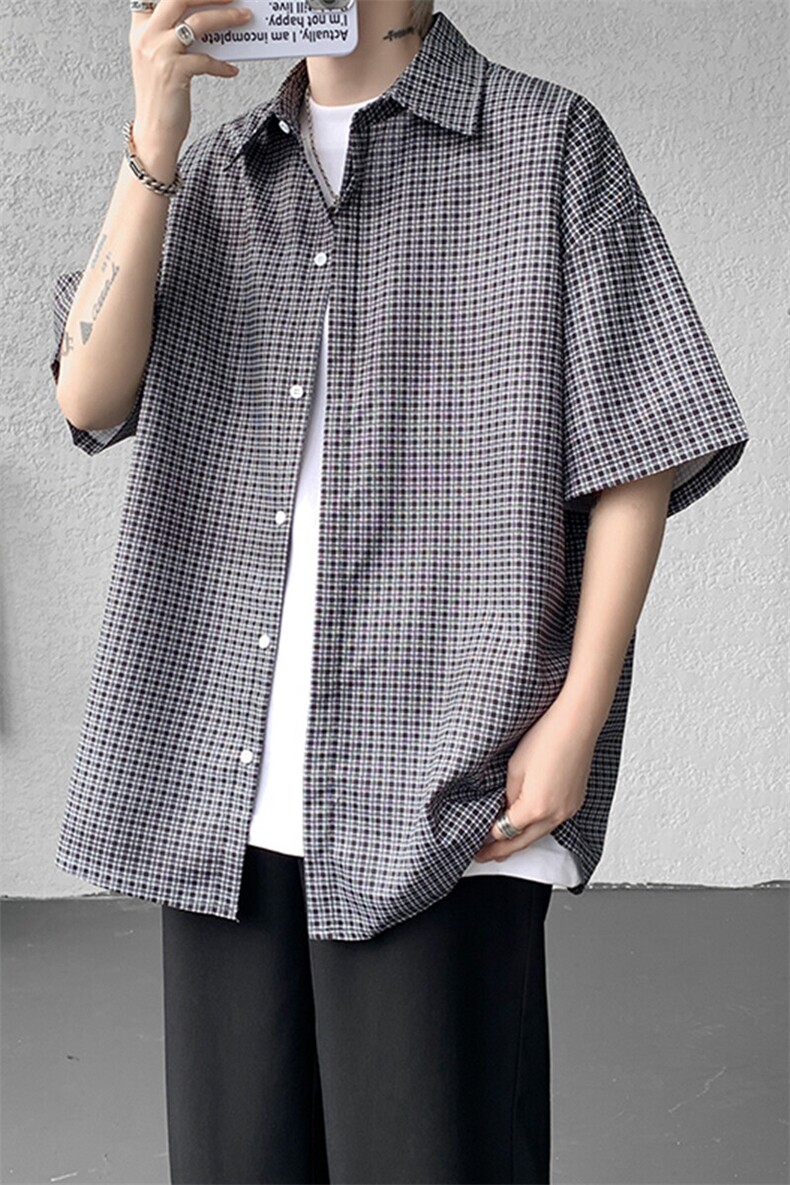 8XL-M短袖衬衫男夏宽松慵懒风痞帅条纹格子衫半袖外套DC28005P40,男装衬衫,电商B312