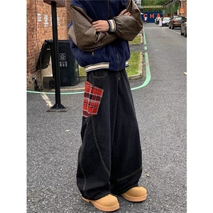 设计感牛仔裤男春秋季新款美式青少年弯刀裤痞帅宽松直筒阔腿裤图片