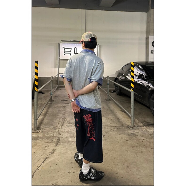 得物抖音高品质二开夏季美式潮牌高街假两件格子衬衣翻领短袖T恤,男装T恤,电商A486