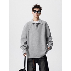 抖音得物高品质美式高街重磅曼巴棉结构螺纹拼接翻领卫衣长袖T恤，男装T恤，电商A486